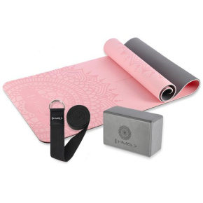 Pink yoga set HMS - mat YM10, yoga block KJ02, and strap SJ01